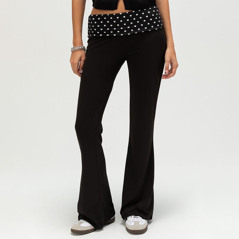 Polka dot high-waisted faux fold-over belt flared pants