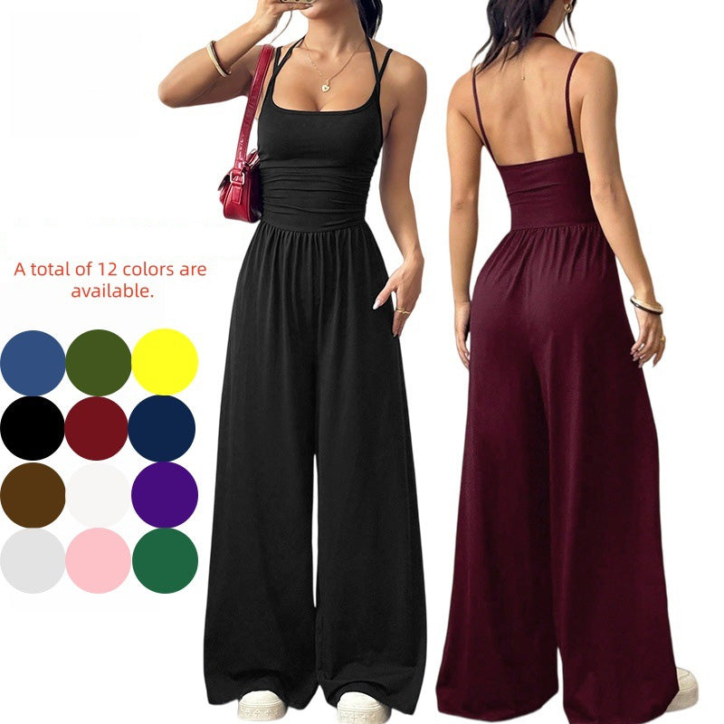 Backless Halter Ruched High Waist Wide Leg Jumpsuit