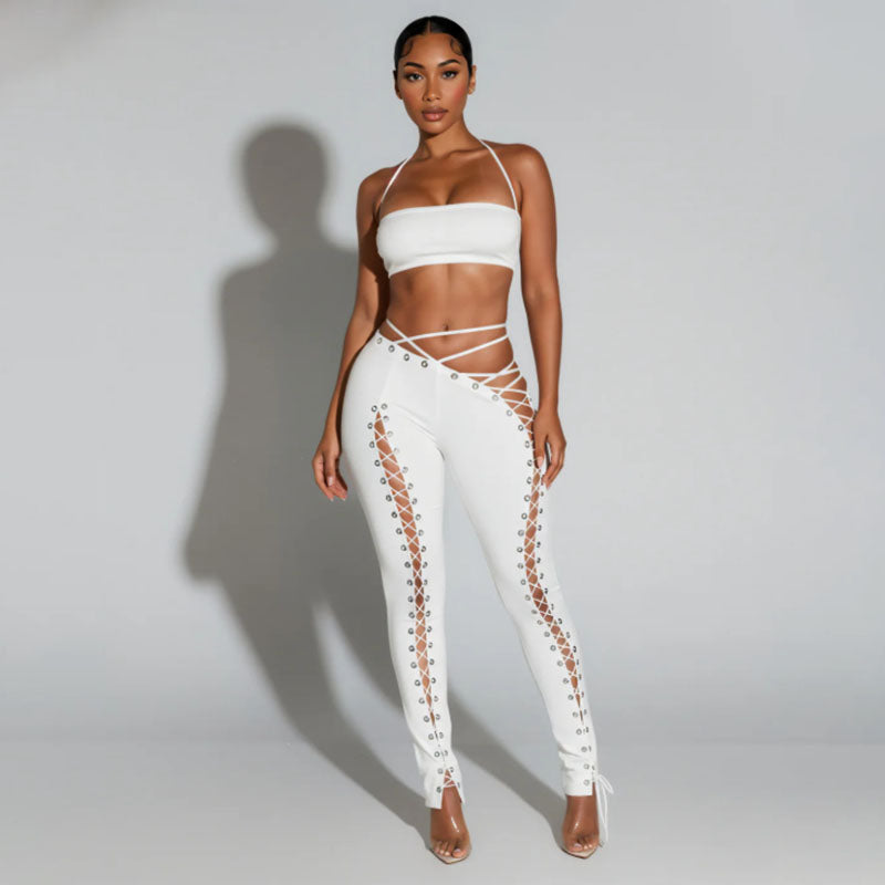 Short vest top with side tie leggings two-piece set