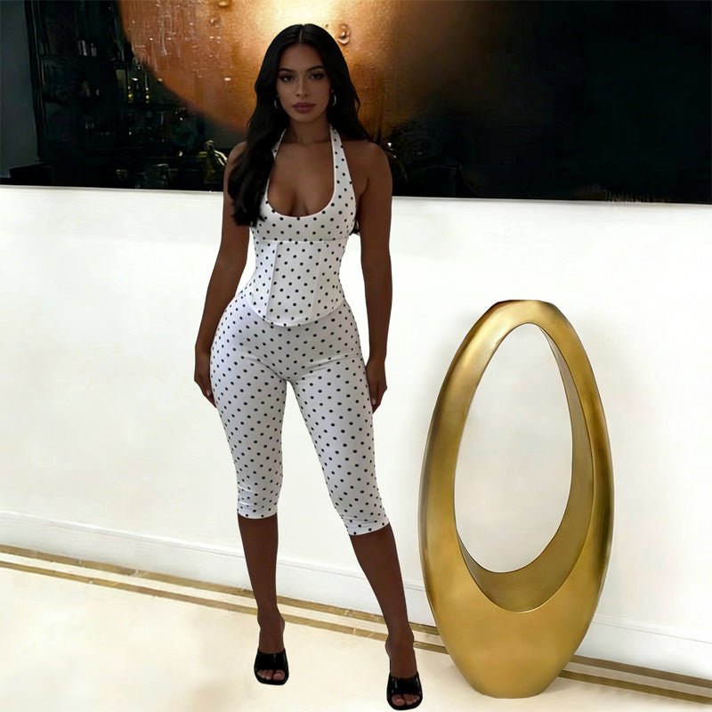 Polka dot backless suspender bodysuit faux two-piece set