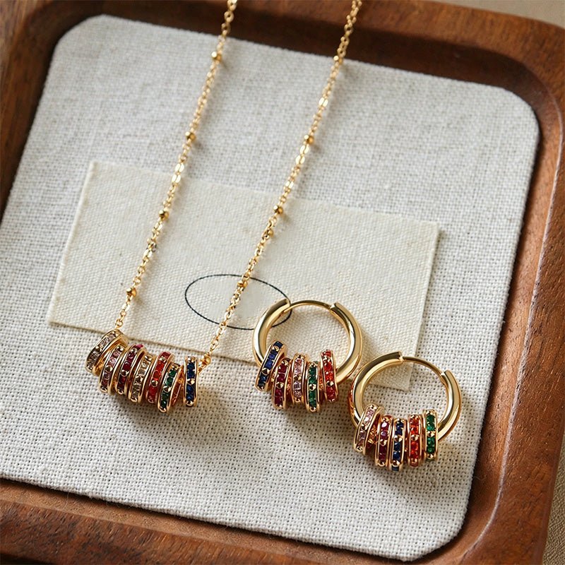 Rotating colored zircon necklace and earring set