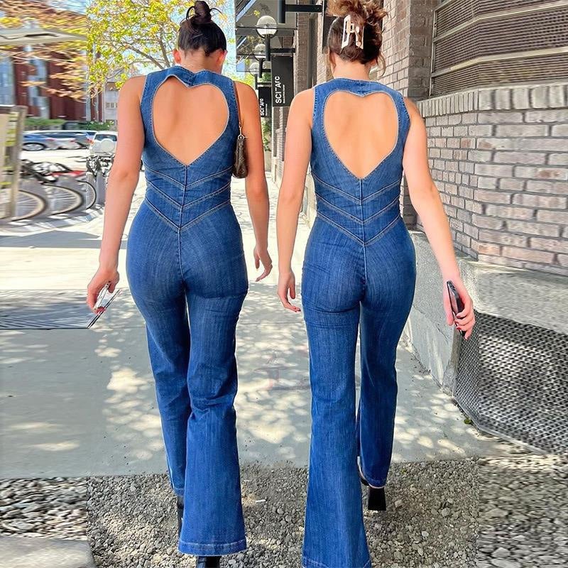 Sleeveless deep V-neck zipper denim flared jumpsuit