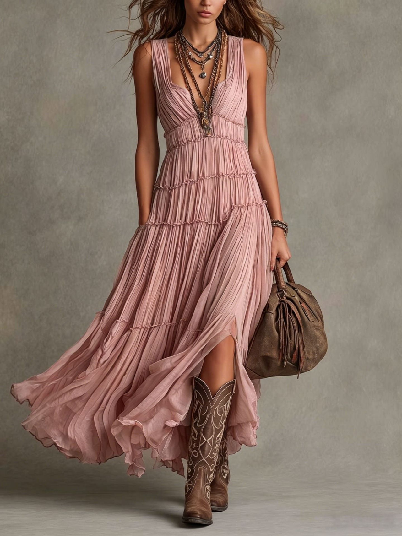 Sage Green Pleated Chiffon V-neck Flowing Maxi Dress