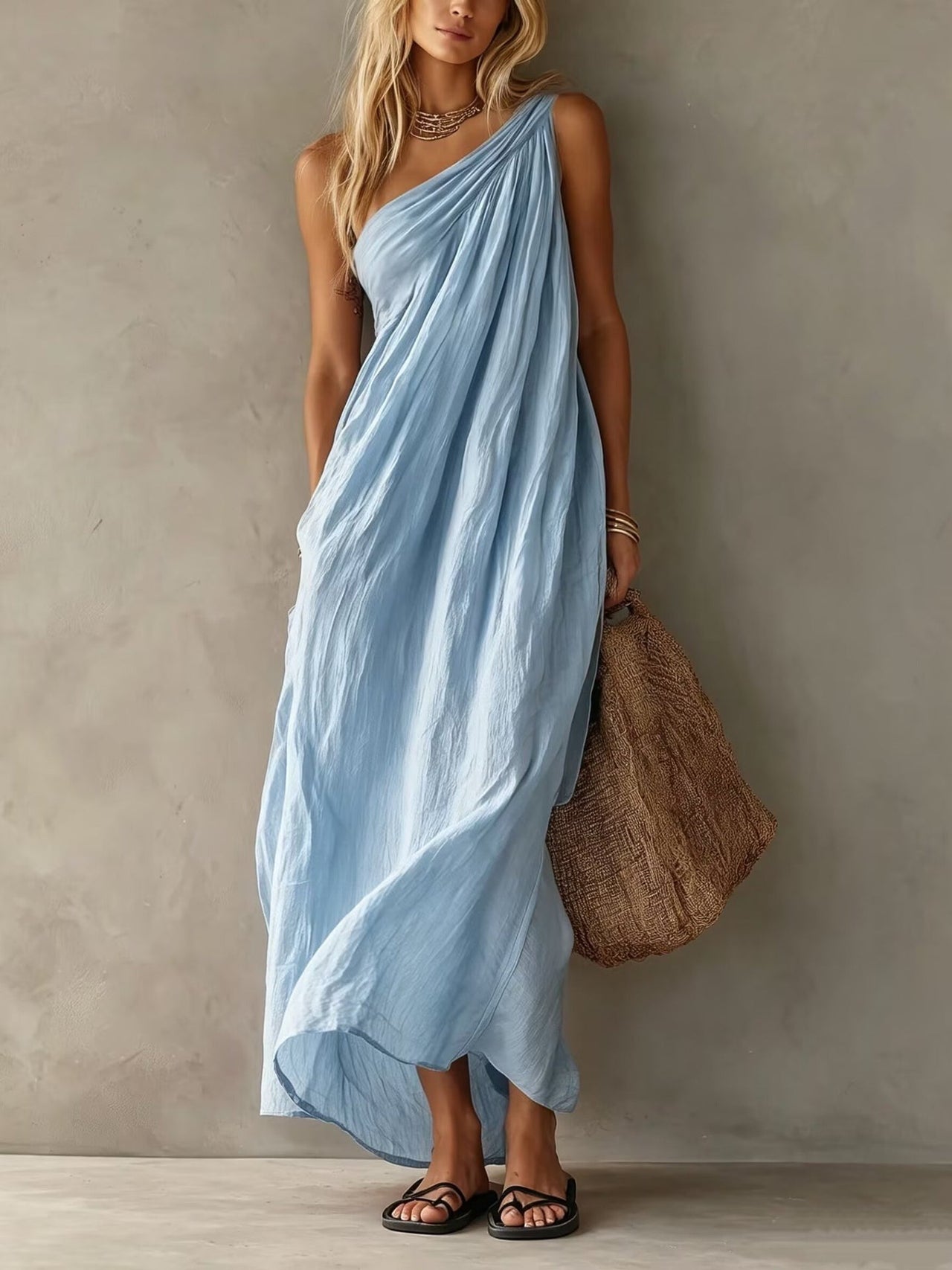 Elegant Pink One-shoulder Sleeveless Maxi Dress