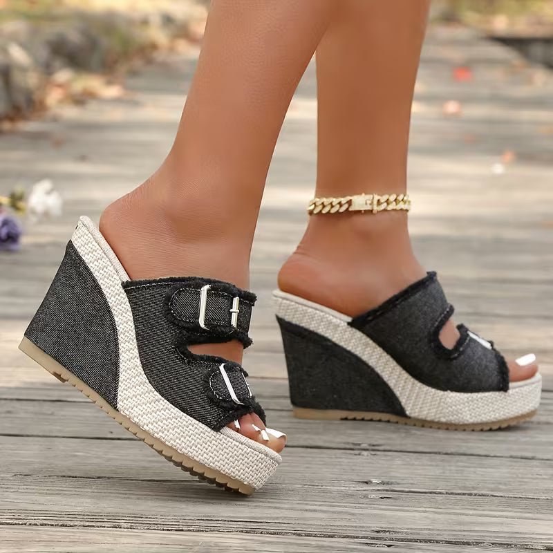 Atelier Denim Fray-Edge Wedge Sandals