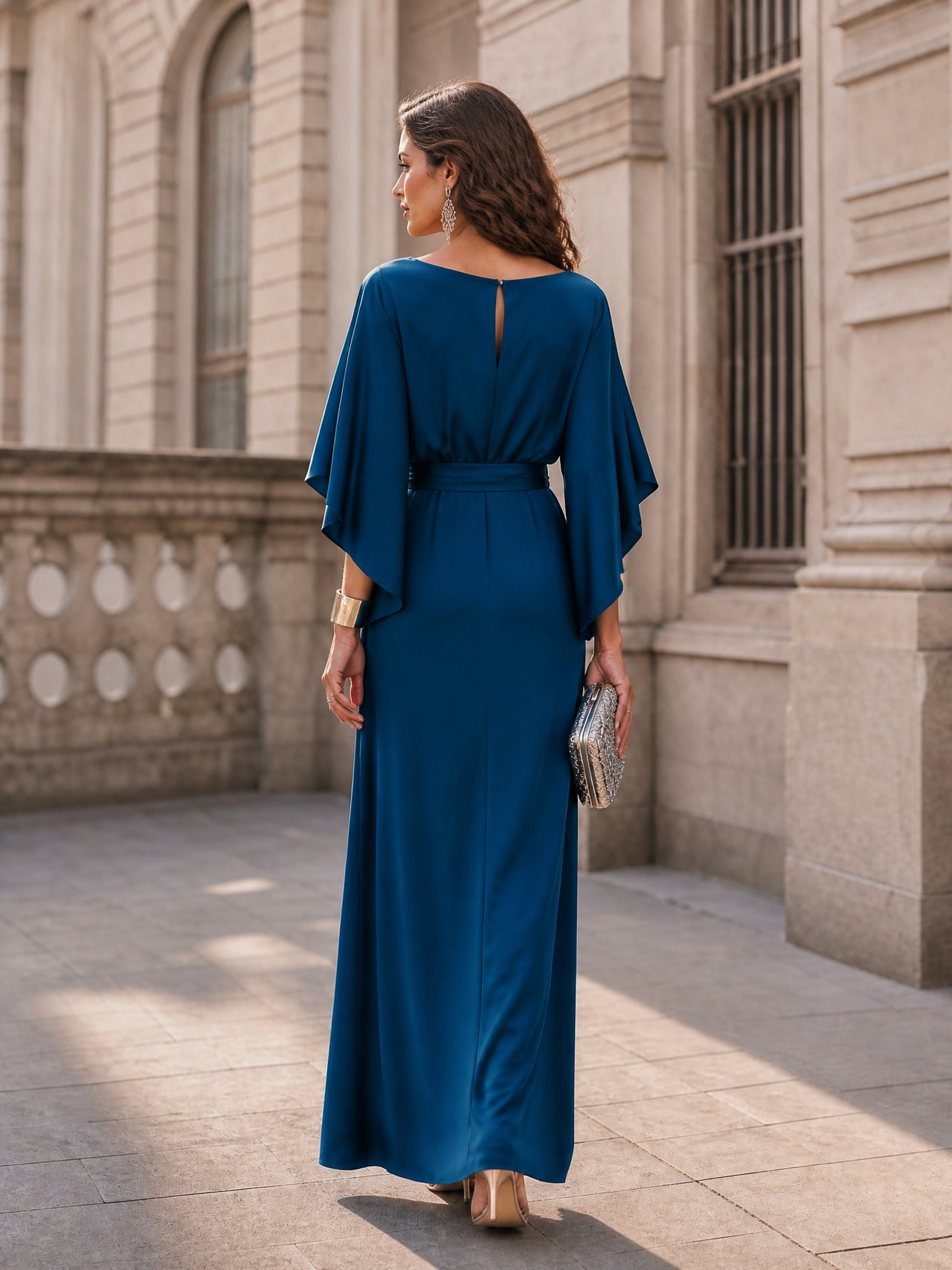 Peacock Blue Satin Boat Neck Flutter Sleeve Belted Maxi Evening Dress