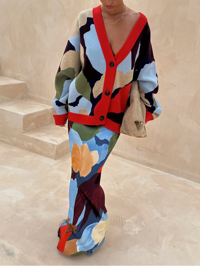 Abstract Geometric Pattern Knitted Jacket