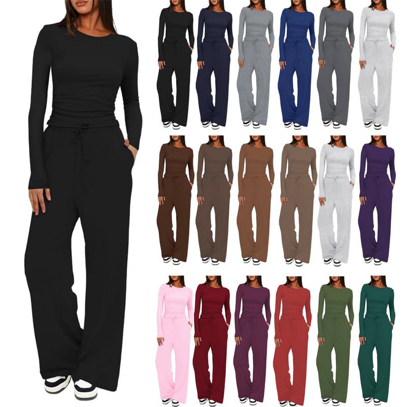 Casual long-sleeved high-waisted wide-leg pants suit