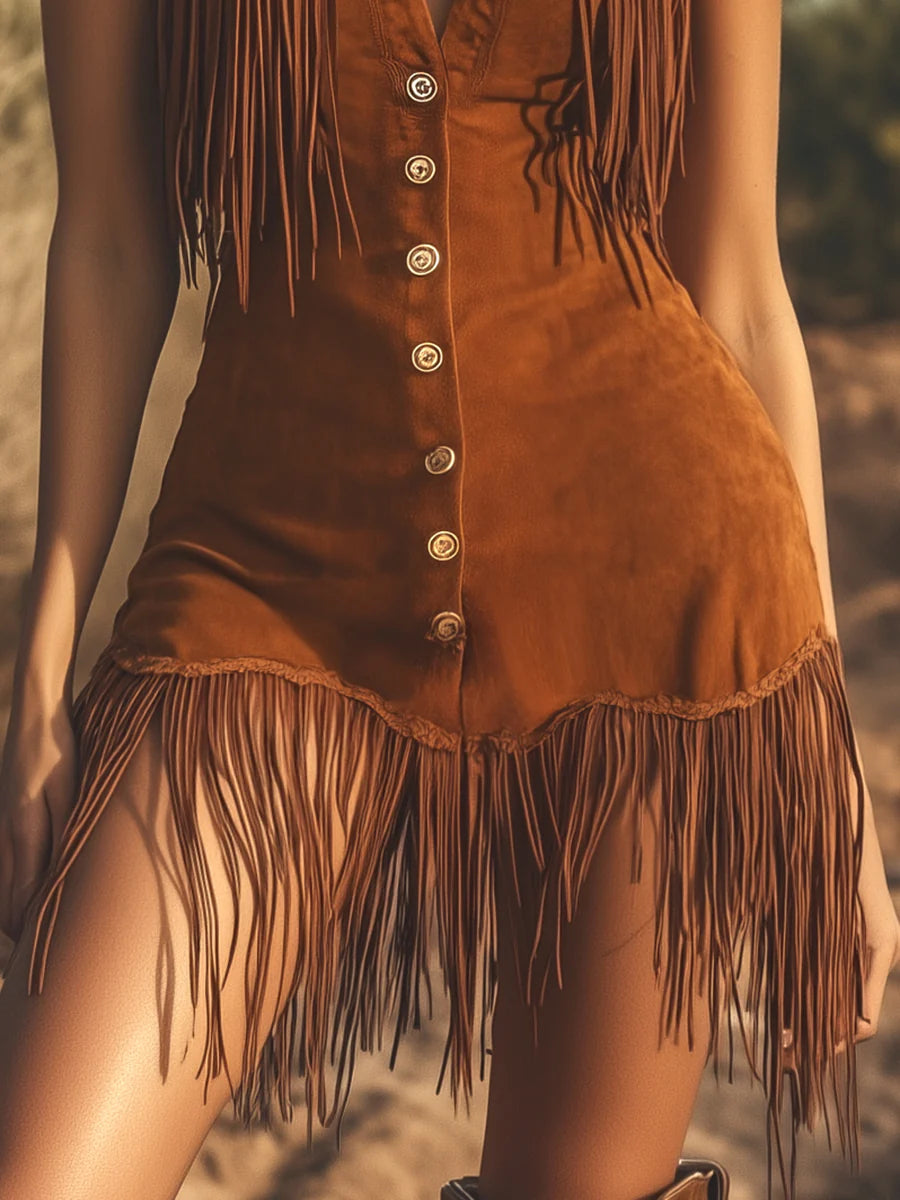 Western Brown Suede Fringe Sleeveless Mini Dress