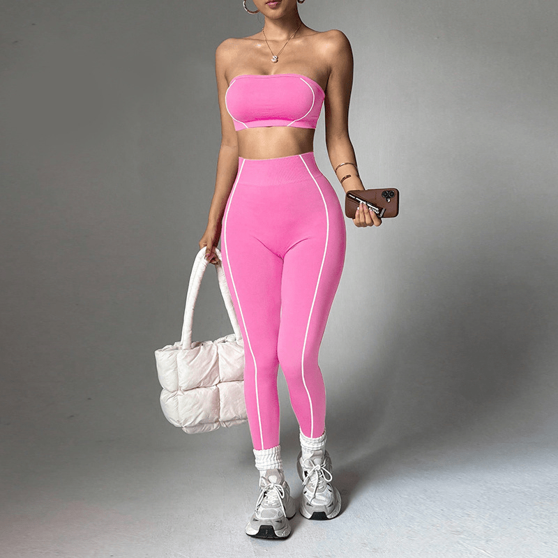 Contrast Piping Bandeau High Waist Yoga Set