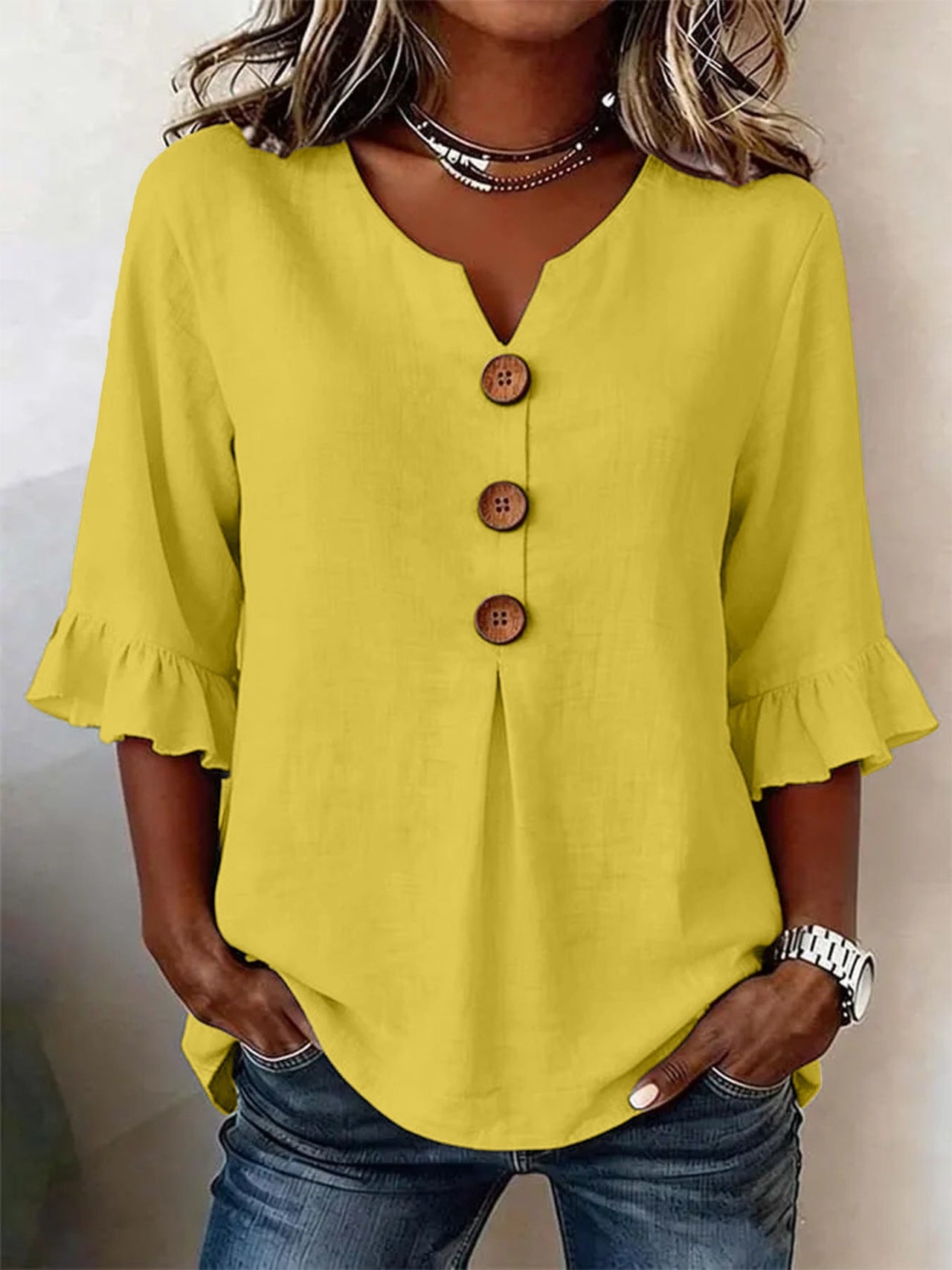 Solid V-Neck Button Ruffle Half Sleeve Casual Top