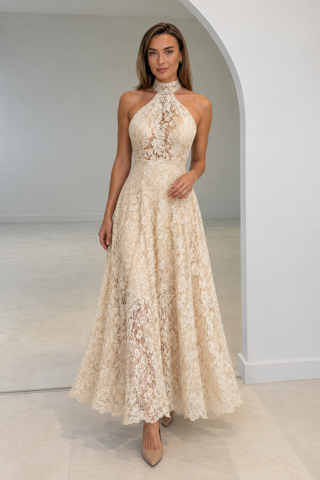 Fiammetta | Vintage Ivory Lace Halter Neck Evening Gown