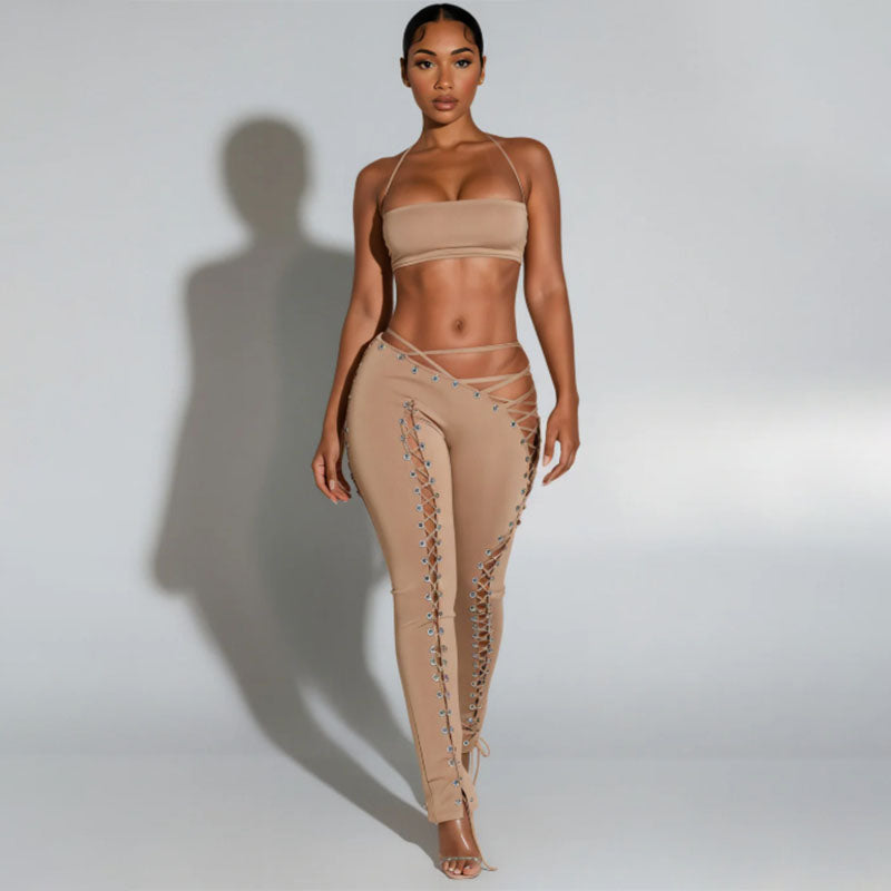 Short vest top with side tie leggings two-piece set