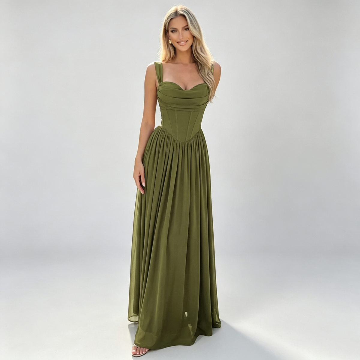 The Elara Faux-Corset Cowl Maxi Dress