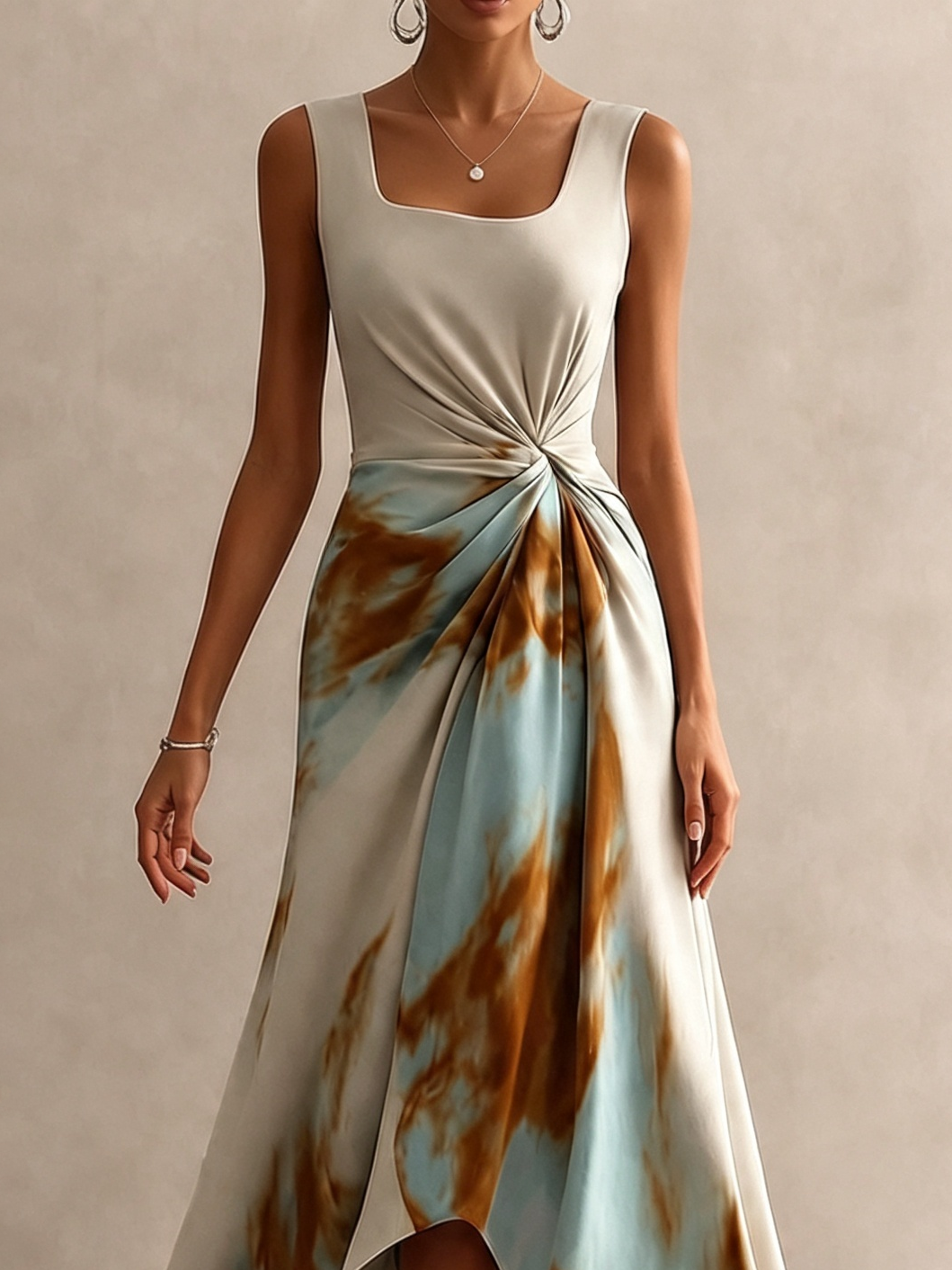 Women Tie‑Dye Midi Dress Square Neck Asymmetrical Hem Flowy Dress