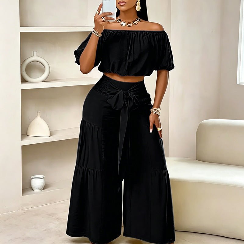 Off-shoulder puff sleeve wide-leg pants two-piece set