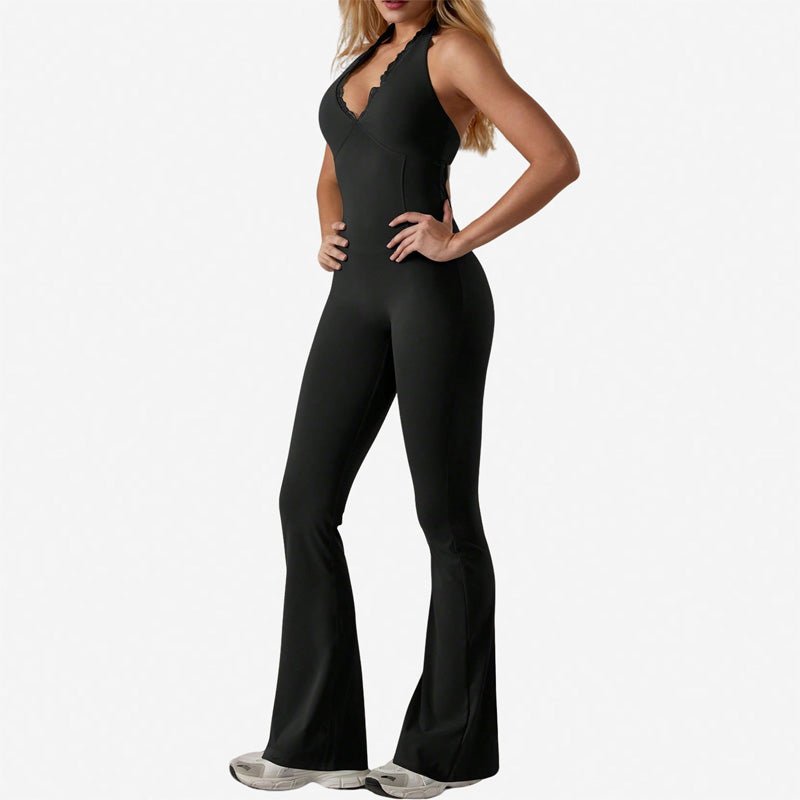 V-neck halter-neck flared jumpsuit