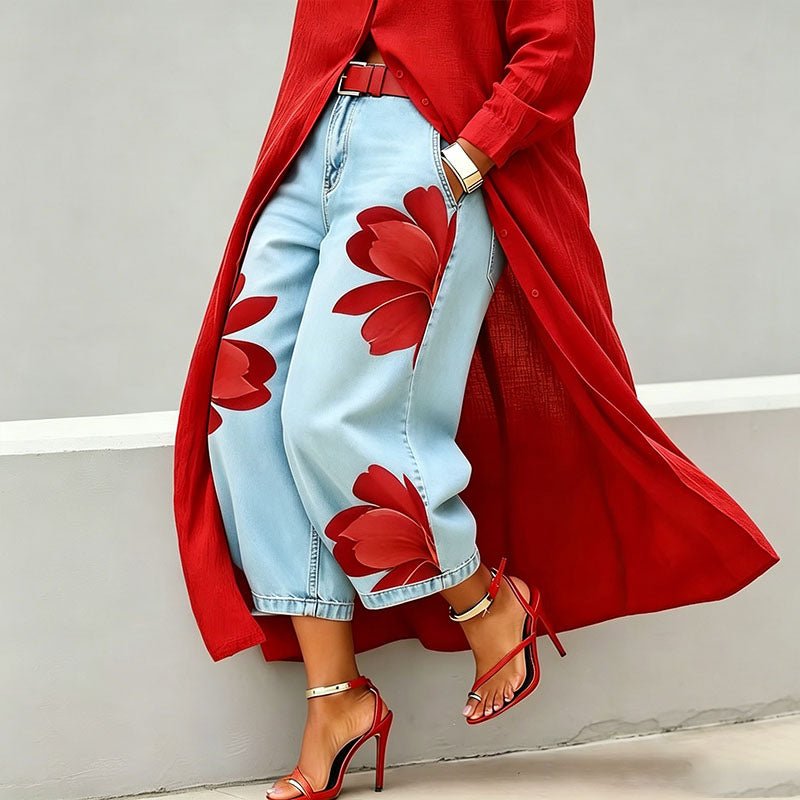 Printed straight-leg wide-leg cropped jeans