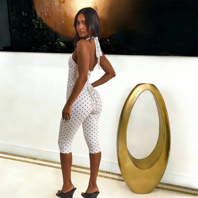 Polka dot backless suspender bodysuit faux two-piece set