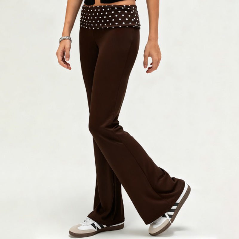 Polka dot high-waisted faux fold-over belt flared pants