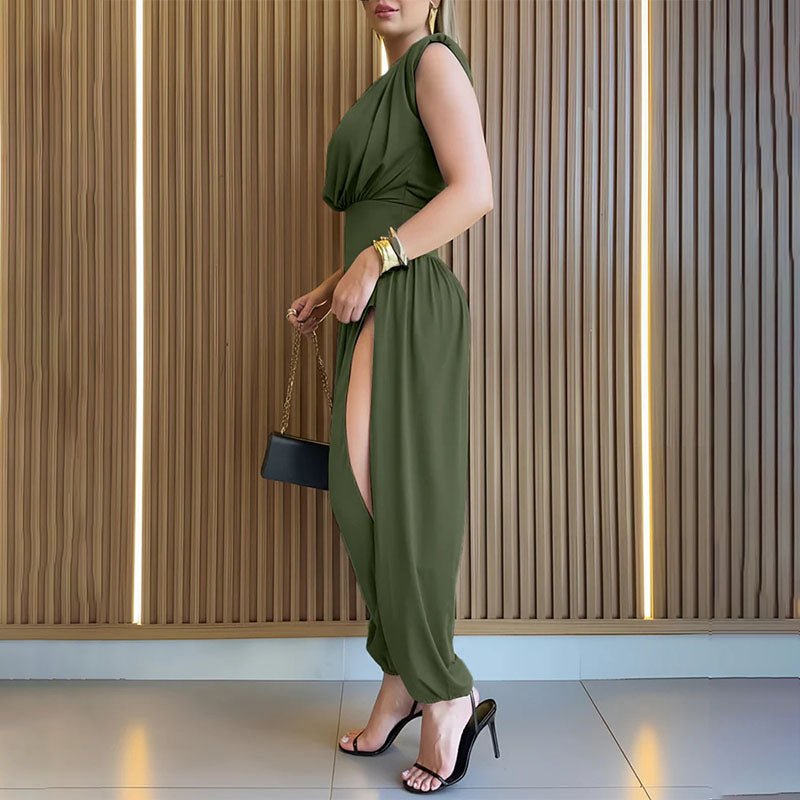Drapey Sleeveless Wide Leg Waist Cinching Jumpsuit
