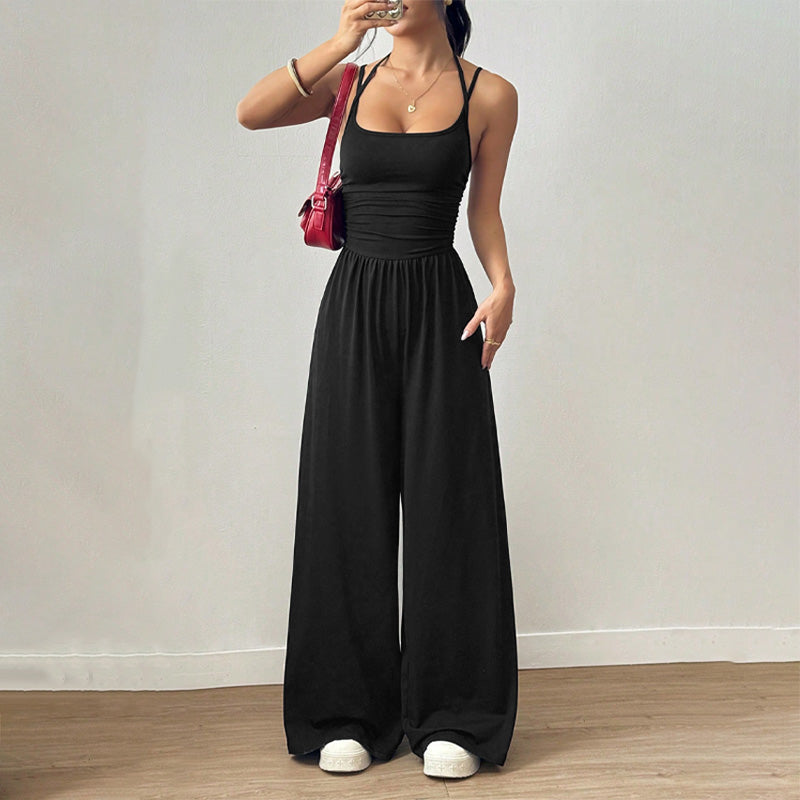 Backless Halter Ruched High Waist Wide Leg Jumpsuit