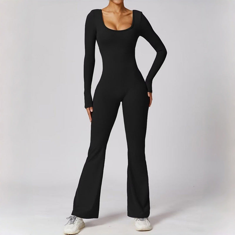 Pleated backless long-sleeved flared jumpsuit
