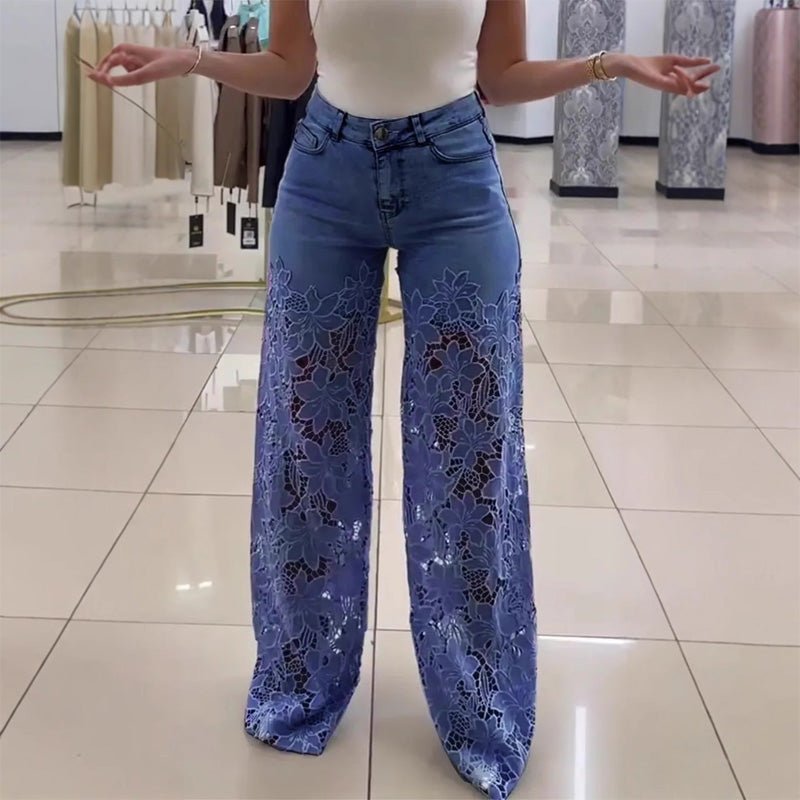 High-waisted floral cutout wide-leg jeans