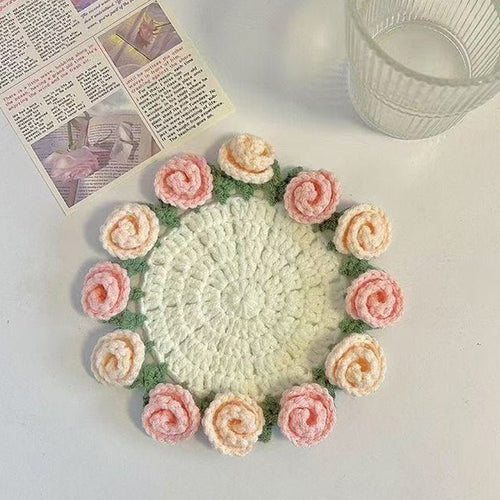 3D Floral Knitted Coaster and Storage Basket Set