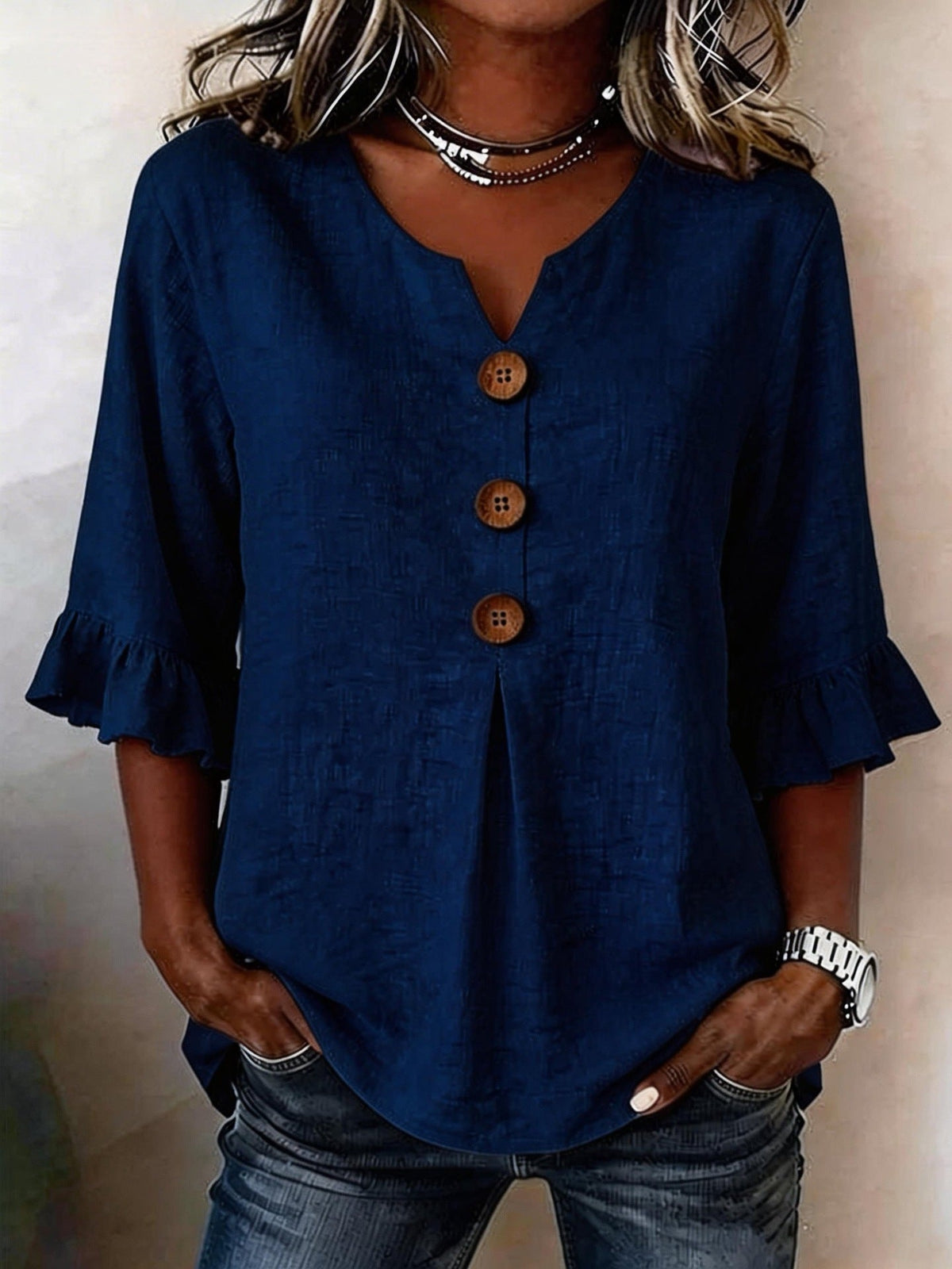 Solid V-Neck Button Ruffle Half Sleeve Casual Top