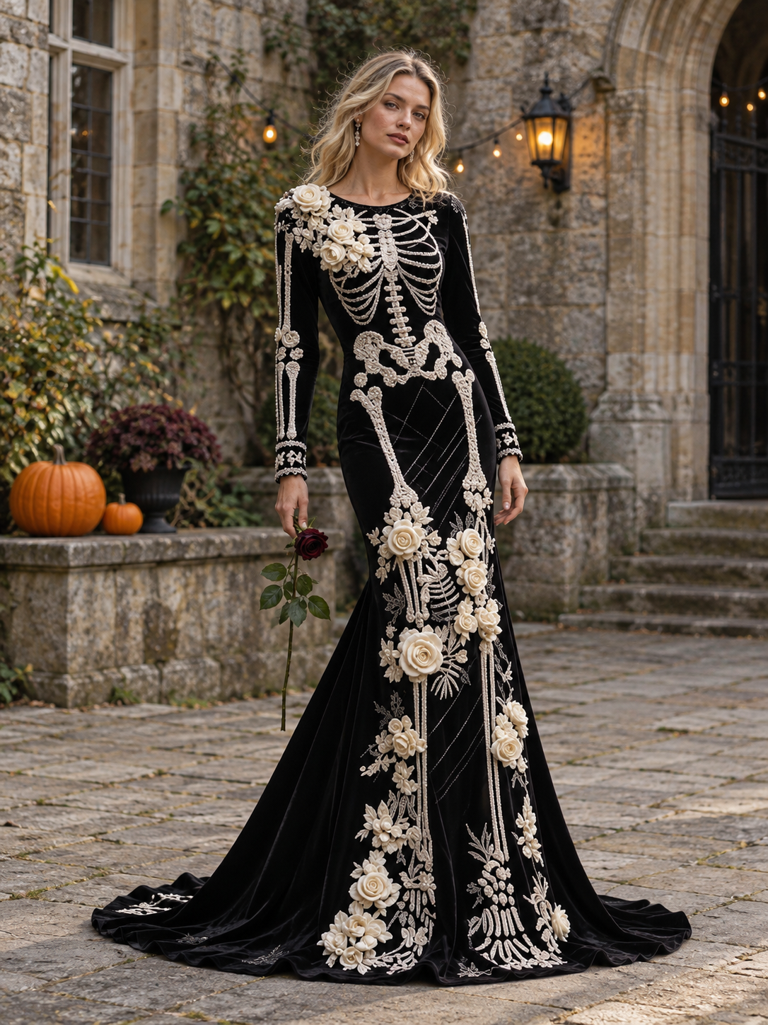 Skeleton Rose Embroidered Dress – Women's Gothic Halloween Dress
