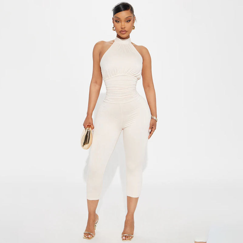 Halter-neck lace-up fitted jumpsuit