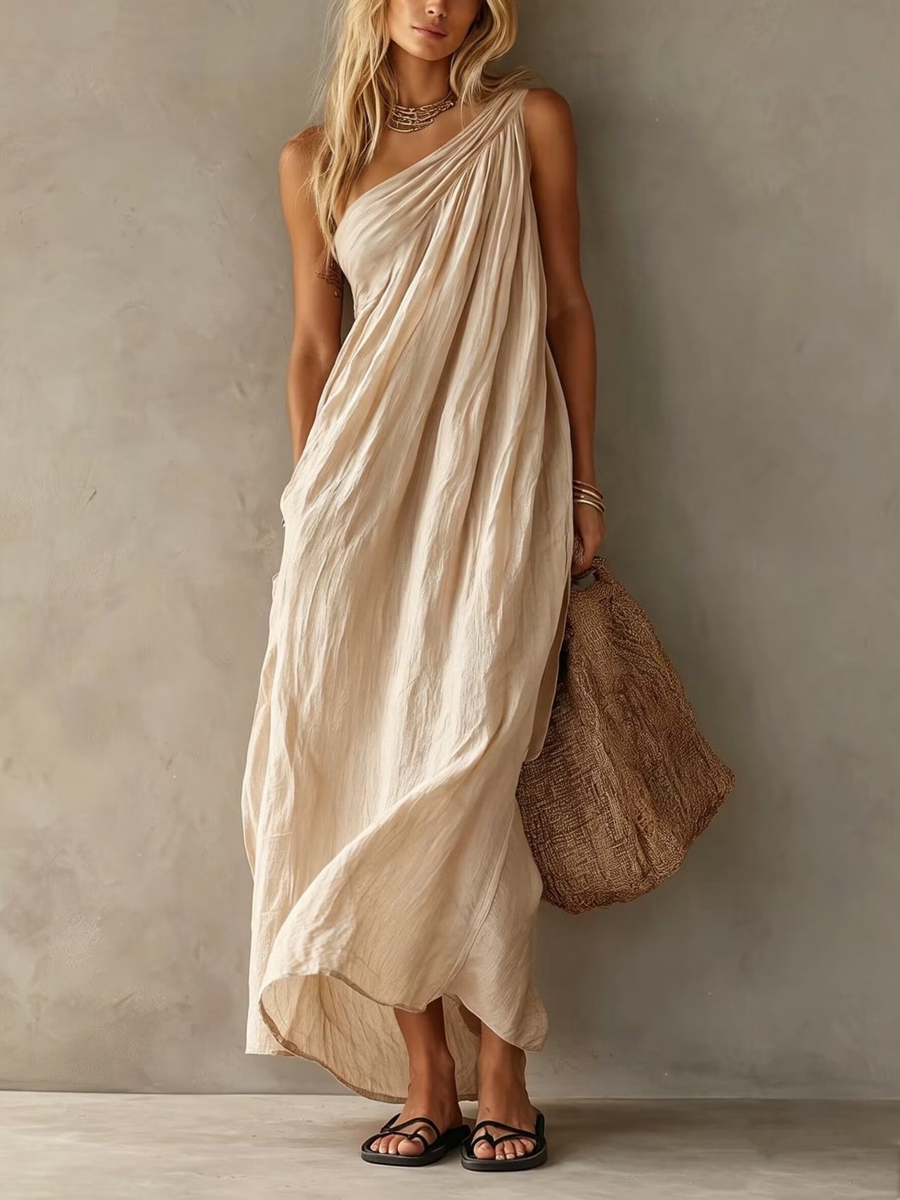 Elegant Pink One-shoulder Sleeveless Maxi Dress