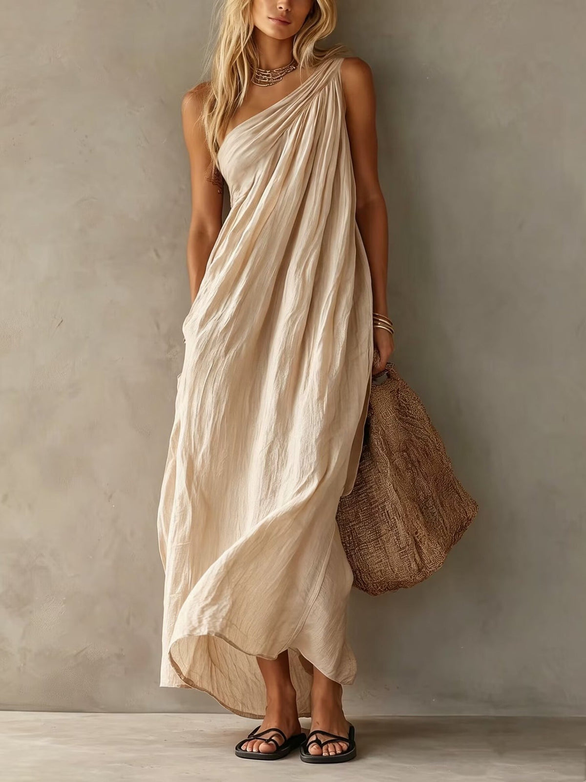 Elegant Pink One-shoulder Sleeveless Maxi Dress