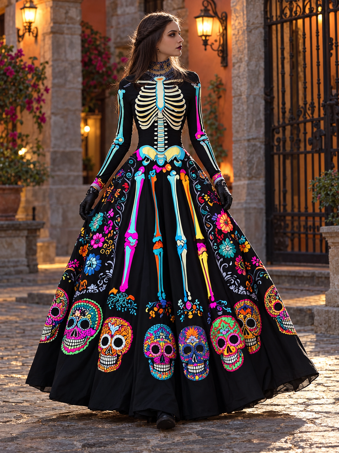 Women's Halloween Long Sleeve Black Maxi Dress | Embroidered
