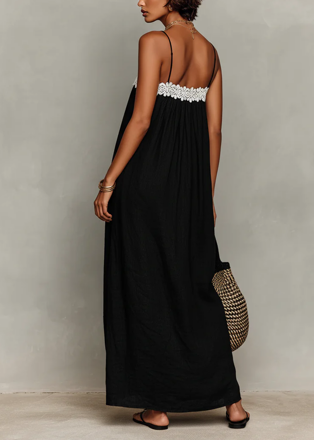 Black Cami Loose Maxi Dress With Lace Trim Detail