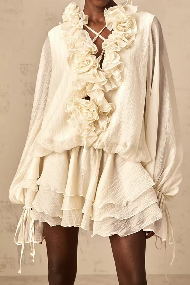 Apricot 3D Floral Loose Ruffle Mini Dress