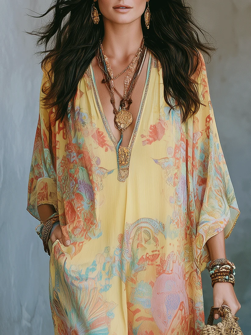 Yellow Printed V-Neck Loose Casual Maxi Dress