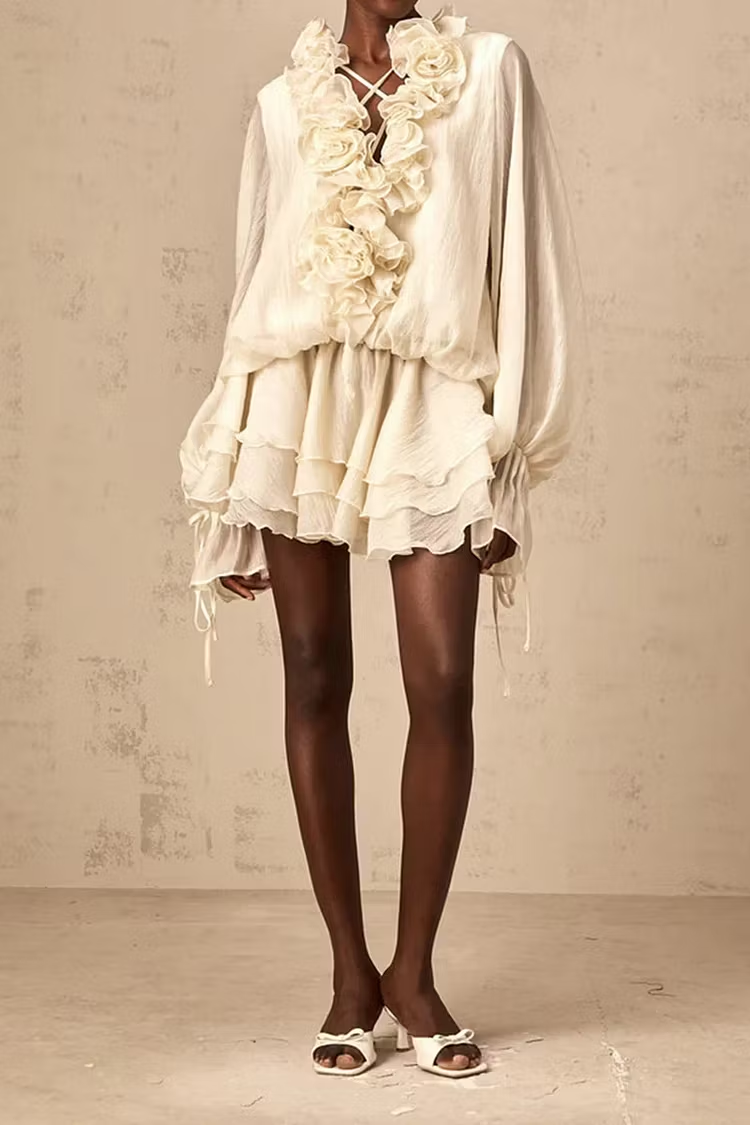 Apricot 3D Floral Loose Ruffle Mini Dress