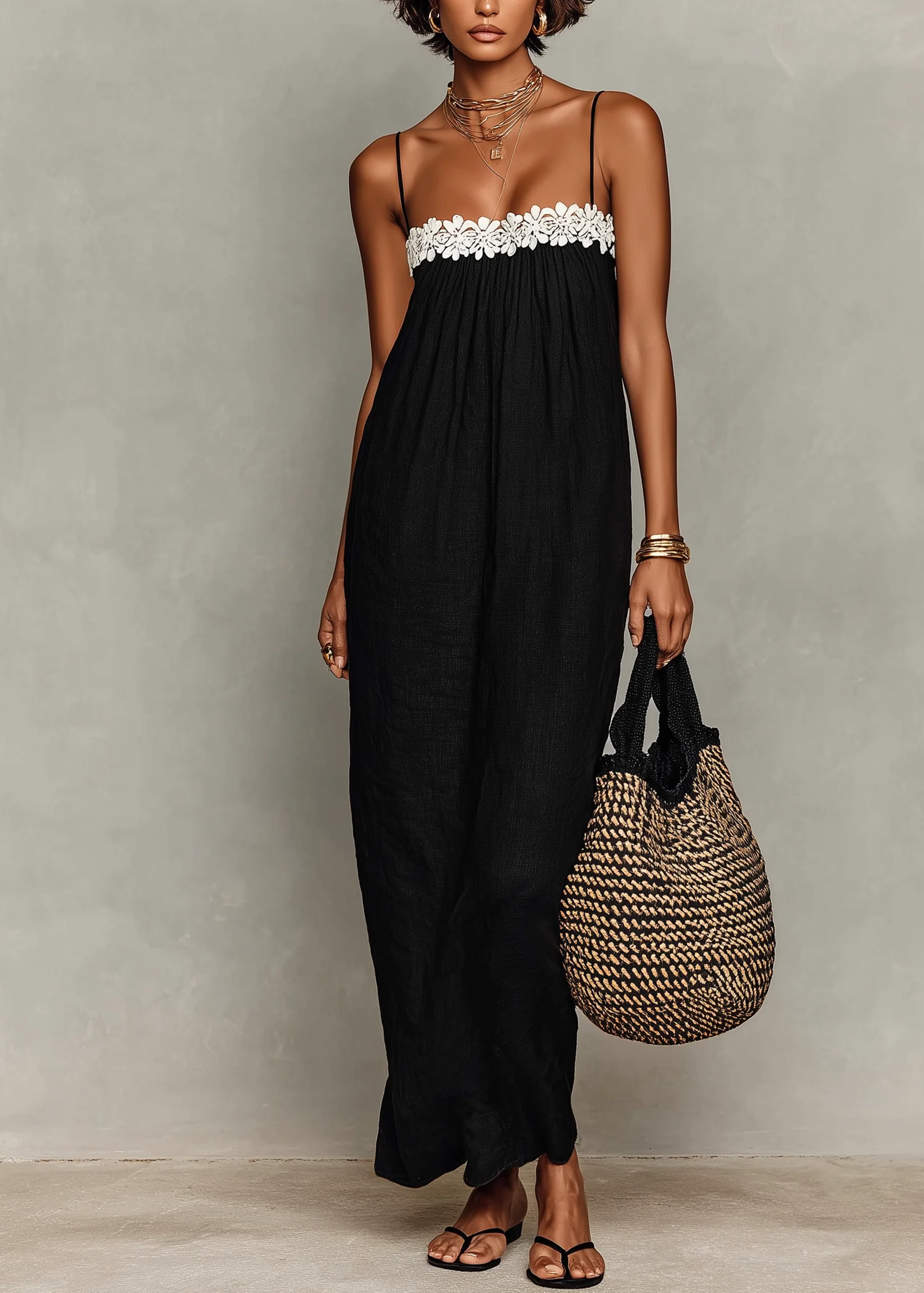 Black Cami Loose Maxi Dress With Lace Trim Detail