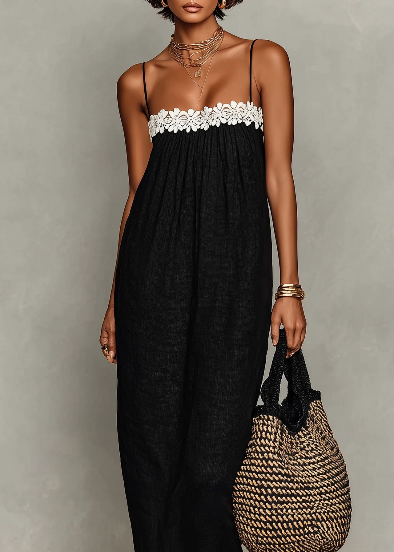 Black Cami Loose Maxi Dress With Lace Trim Detail