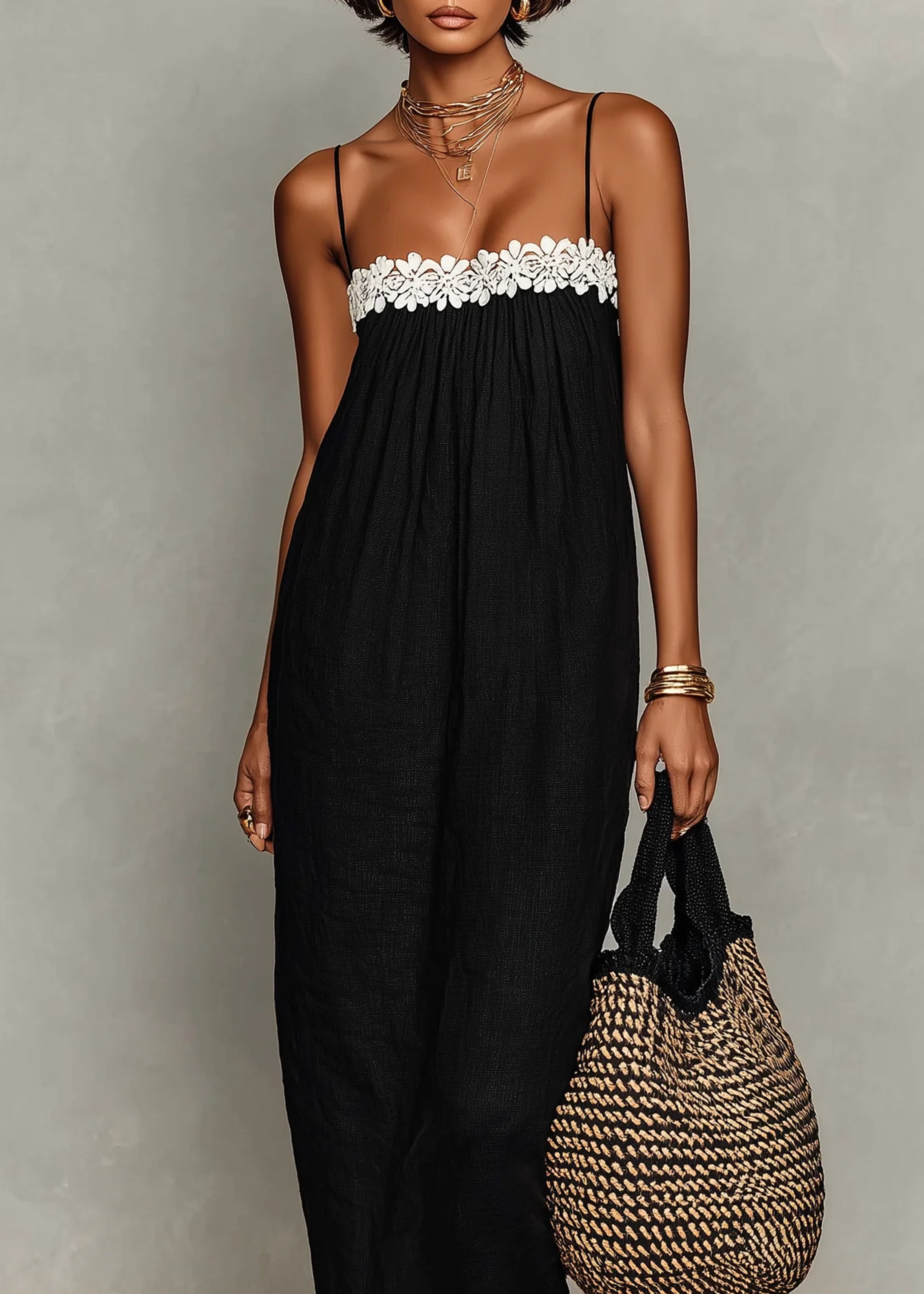 Black Cami Loose Maxi Dress With Lace Trim Detail