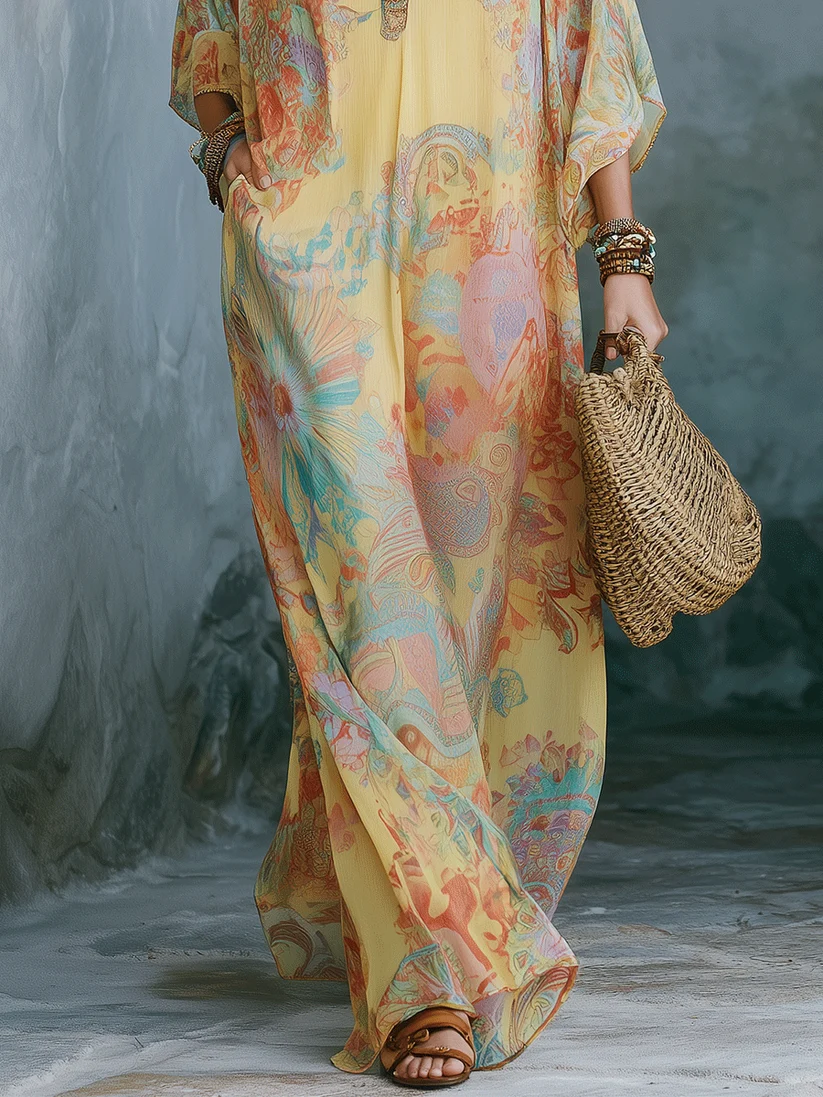 Yellow Printed V-Neck Loose Casual Maxi Dress