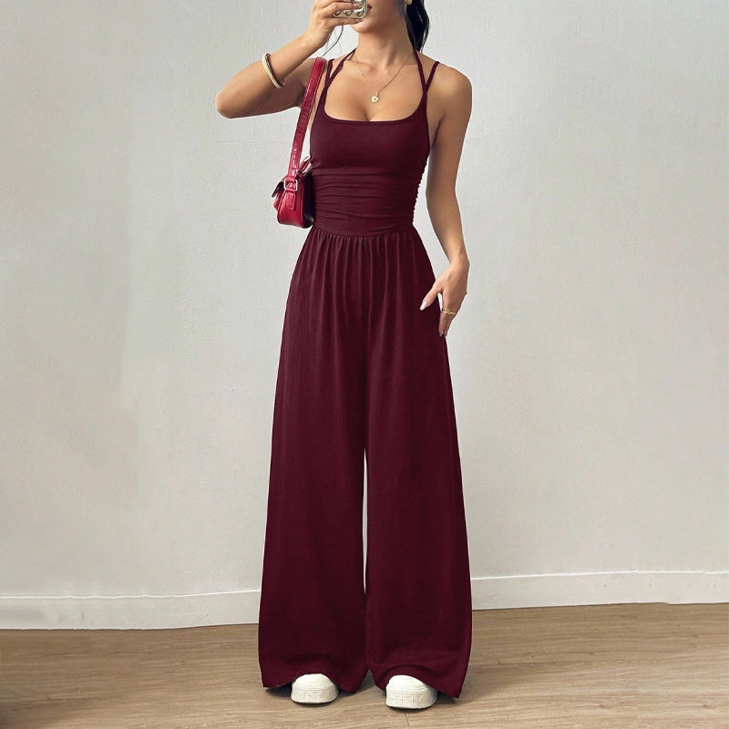 Backless Halter Ruched High Waist Wide Leg Jumpsuit
