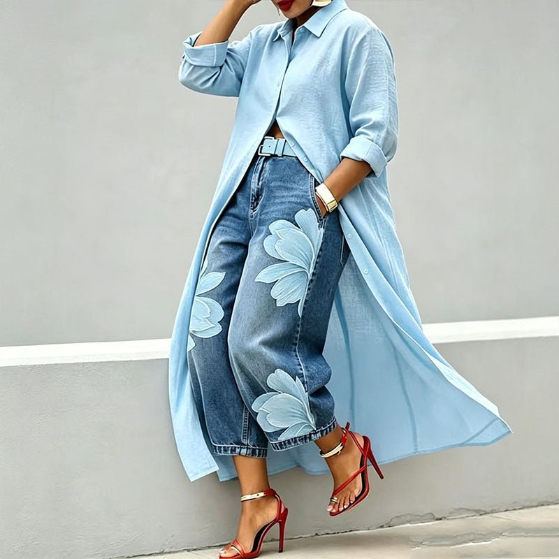 Printed straight-leg wide-leg cropped jeans