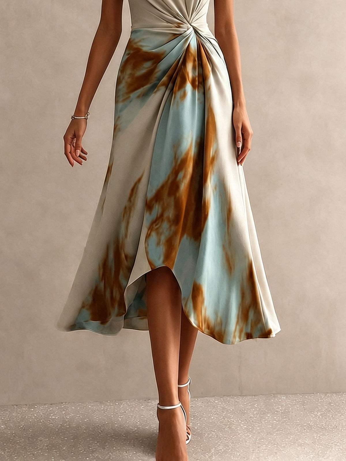 Women Tie‑Dye Midi Dress Square Neck Asymmetrical Hem Flowy Dress