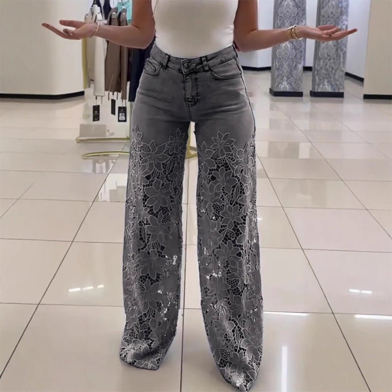 High-waisted floral cutout wide-leg jeans