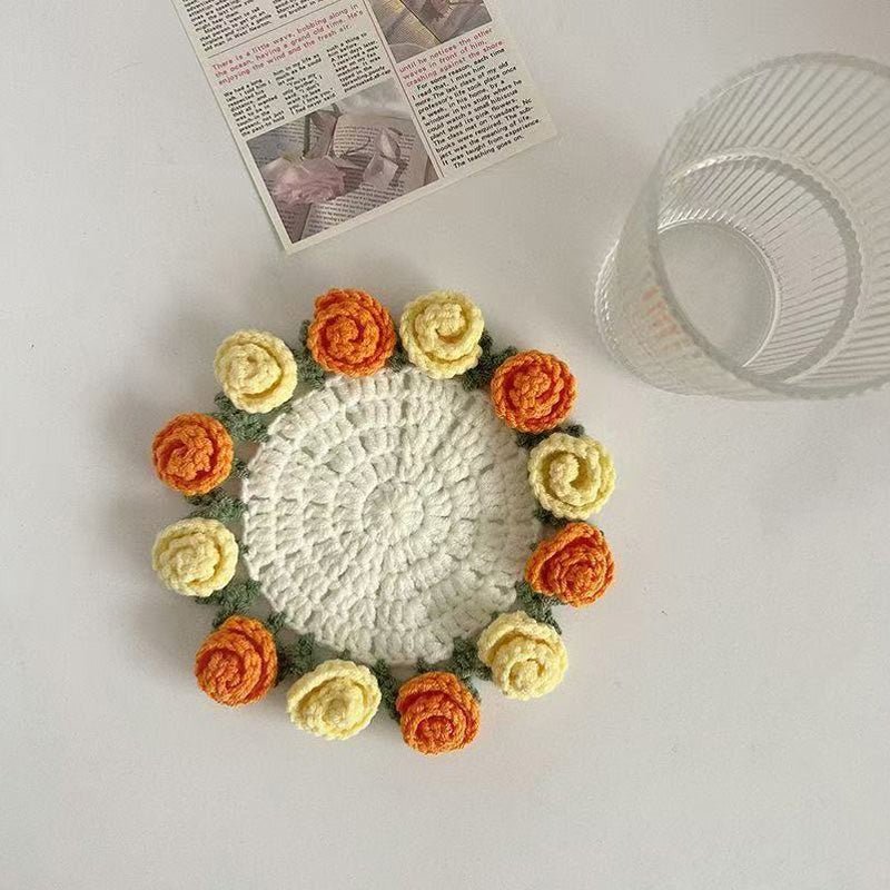 3D Floral Knitted Coaster and Storage Basket Set