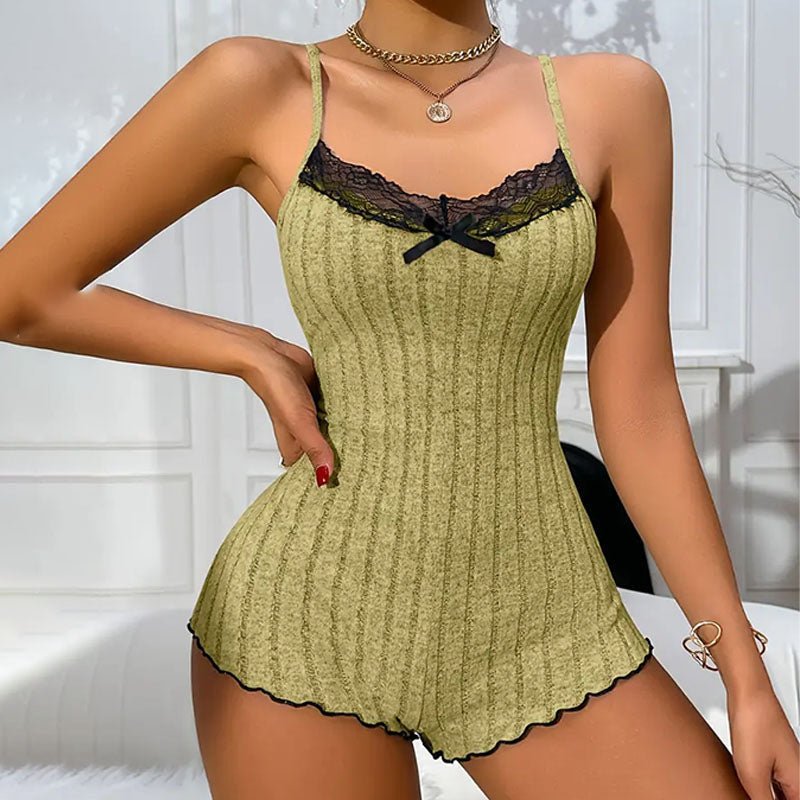 Bow-tie lace-trimmed ribbed pajamas bodysuit