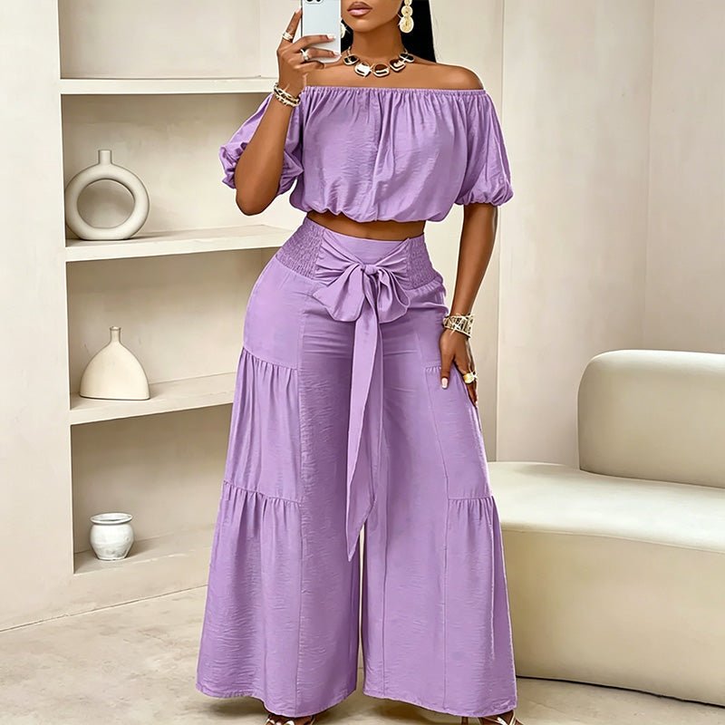 Off-shoulder puff sleeve wide-leg pants two-piece set